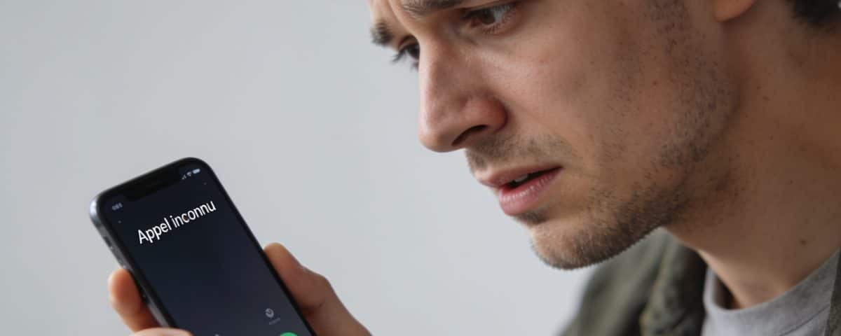 Homme inquiet regarde son smartphone affichant appel inconnu