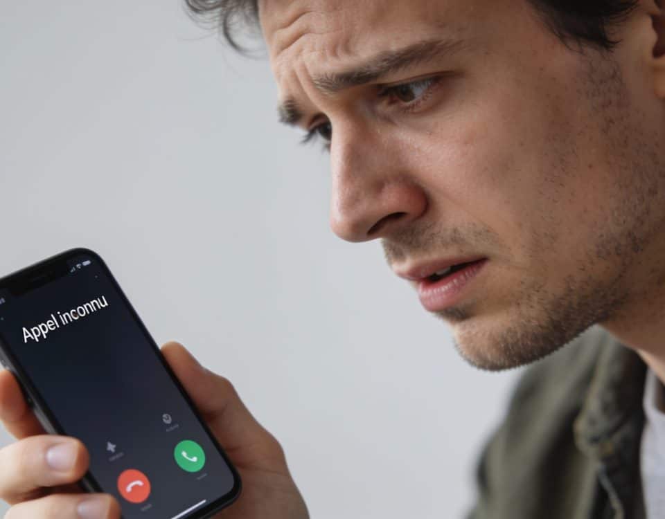 Homme inquiet regarde son smartphone affichant appel inconnu