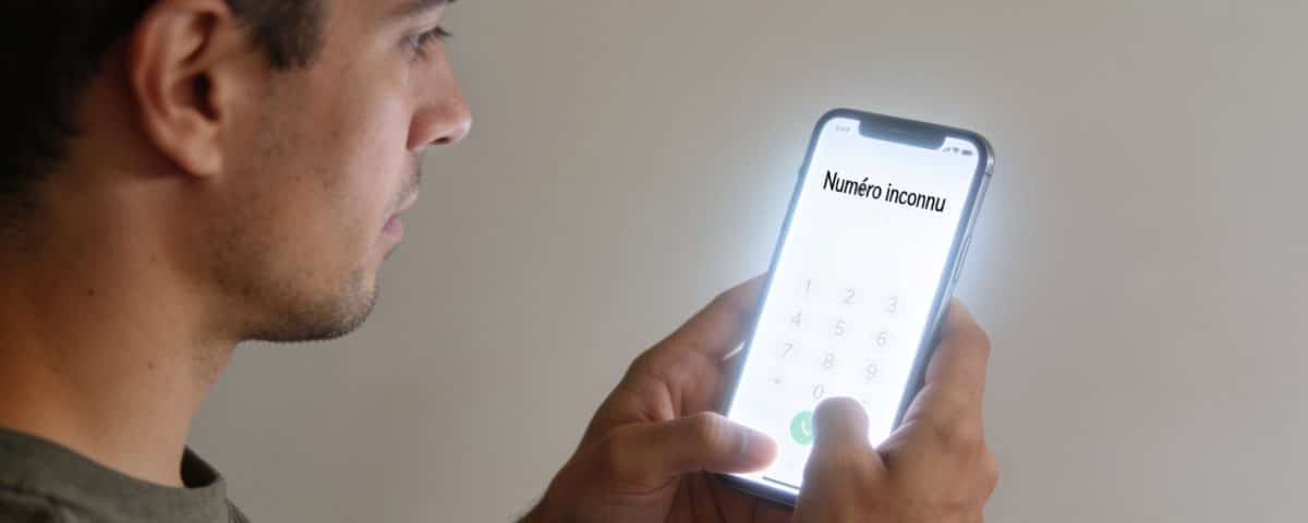 Homme regarde ecran de smartphone affichant numero inconnu