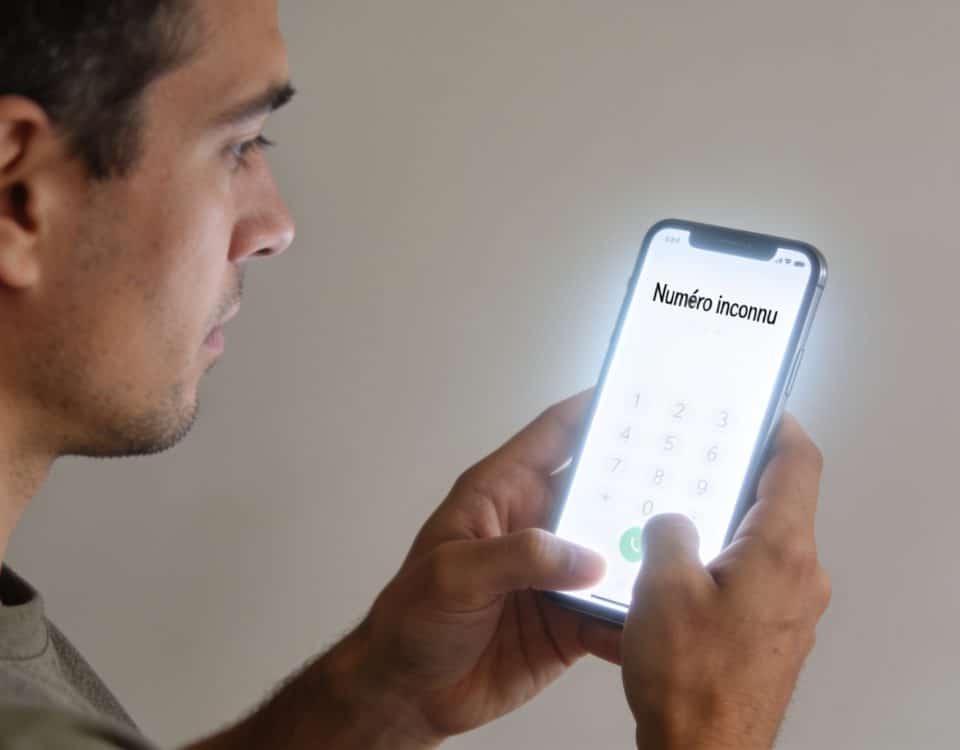Homme regarde ecran de smartphone affichant numero inconnu