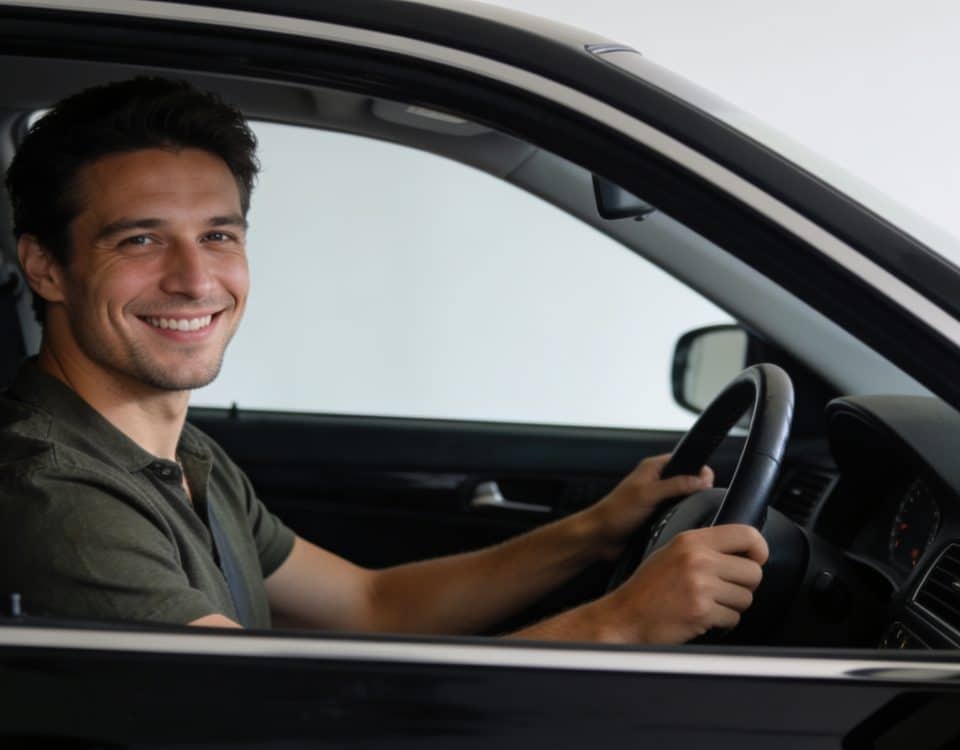 Homme souriant au volant dune berline noire