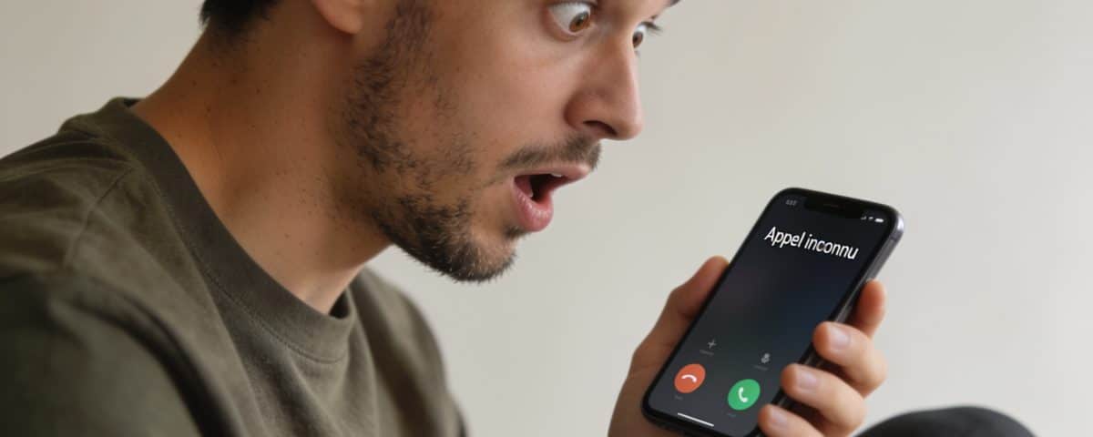 Homme surpris regardant ecran smartphone affichant appel inconnu