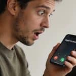 Homme surpris regardant ecran smartphone affichant appel inconnu