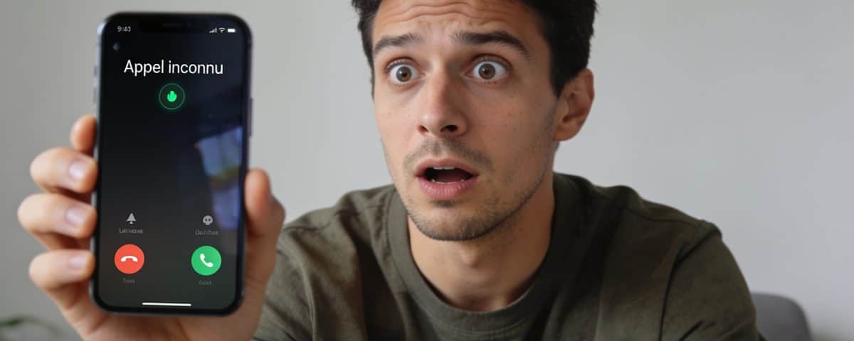 Homme surpris regardant ecran smartphone montrant appel inconnu