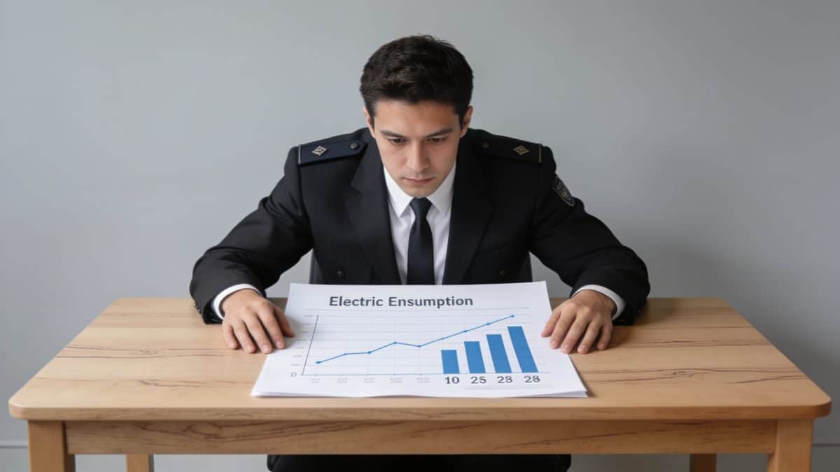Inspecteur des impots analysant graphiques de consommation electrique