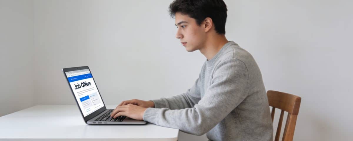jeune adulte assis devant ordinateur consultant offres demploi