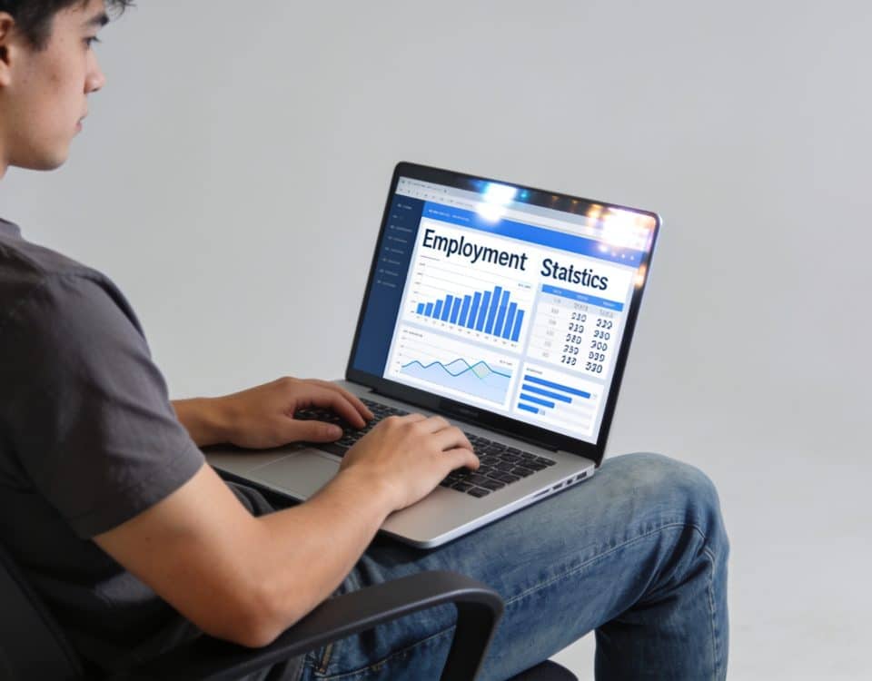 Jeune adulte assis devant ordinateur affichant statistiques emploi