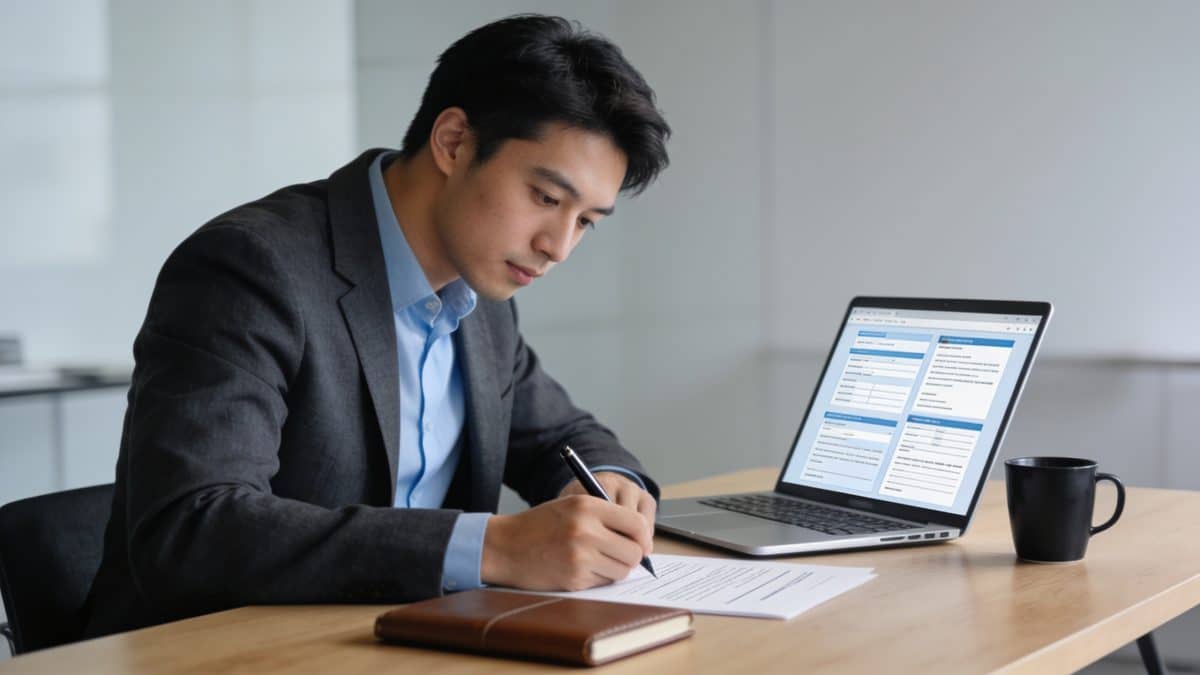 Jeune entrepreneur seul a un bureau remplissant formulaires legaux en ligne