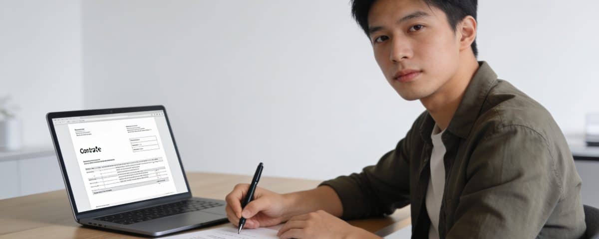 Jeune entrepreneur signe documents societaires sur ordinateur