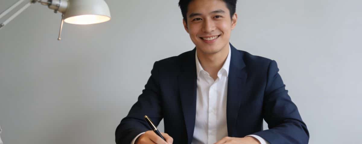 jeune entrepreneur souriant signant des documents au bureau