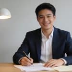 jeune entrepreneur souriant signant des documents au bureau