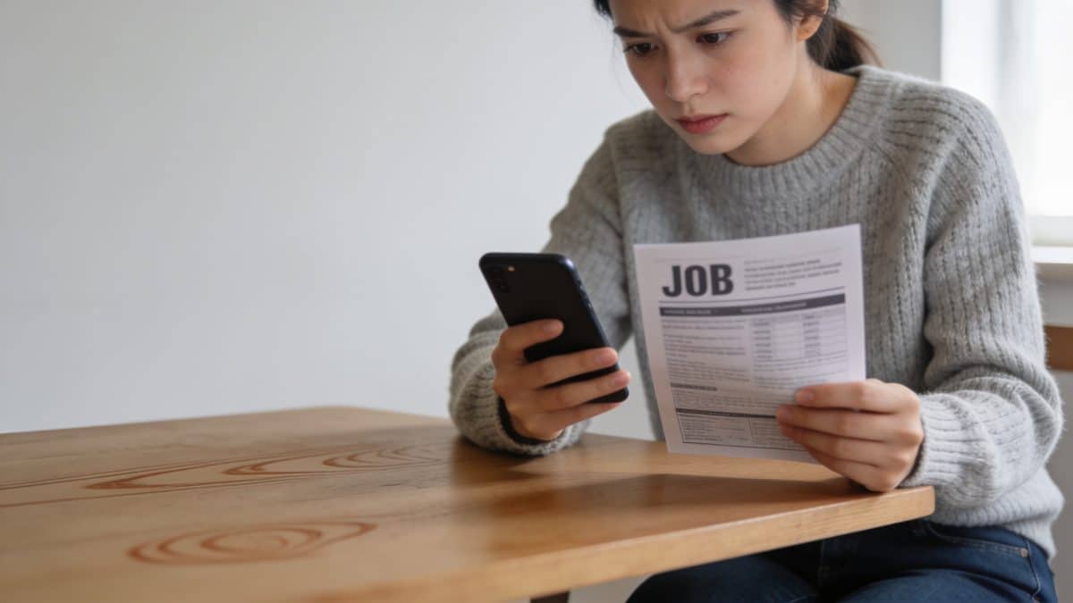 Jeune femme compare annonces emploi fiables et suspectes
