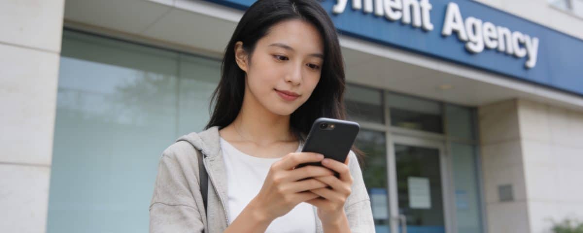 jeune femme consulte son telephone devant agence pole emploi