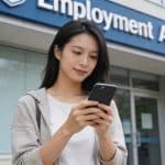 jeune femme consulte son telephone devant agence pole emploi