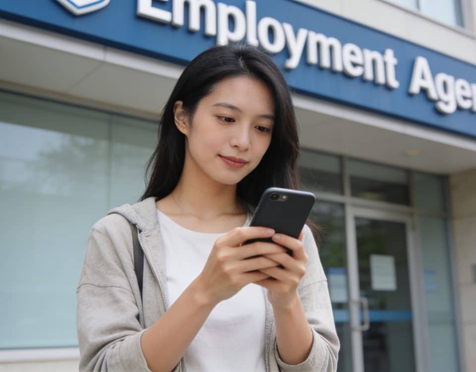 jeune femme consulte son telephone devant agence pole emploi
