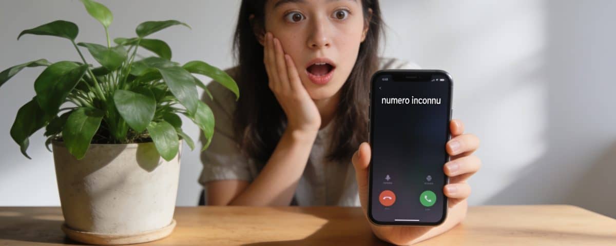 Jeune femme surprise regardant son smartphone affichant numero inconnu