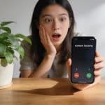 Jeune femme surprise regardant son smartphone affichant numero inconnu
