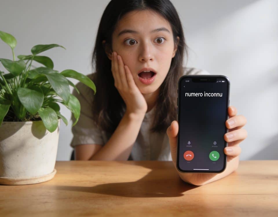 Jeune femme surprise regardant son smartphone affichant numero inconnu