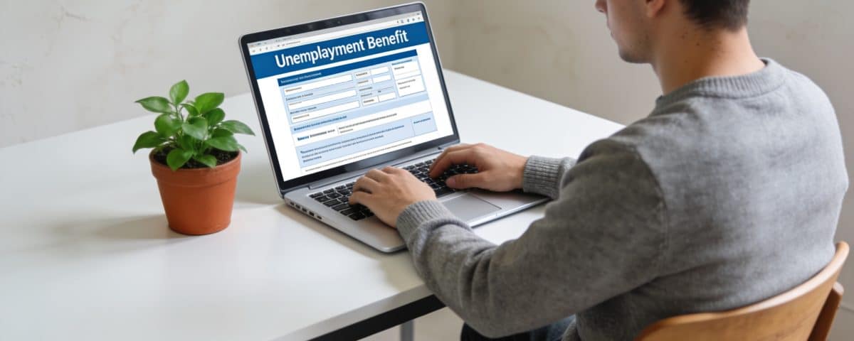 Jeune homme assis devant ordinateur consultant allocation chomage