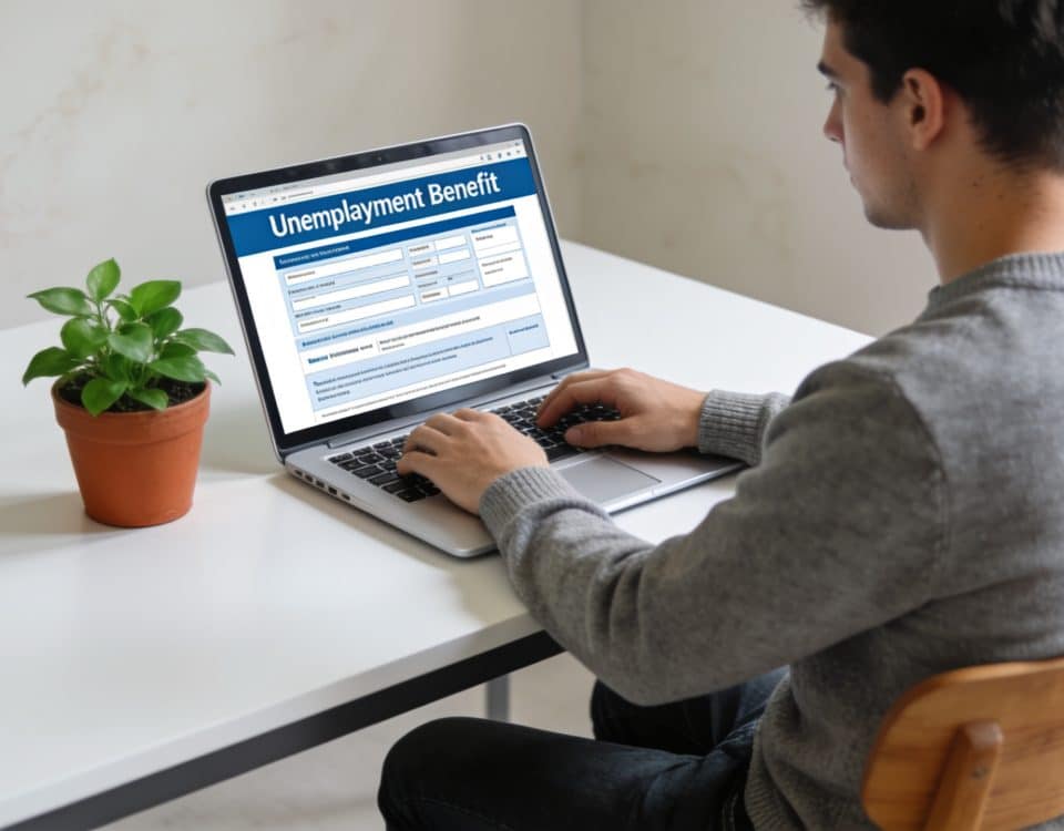 Jeune homme assis devant ordinateur consultant allocation chomage