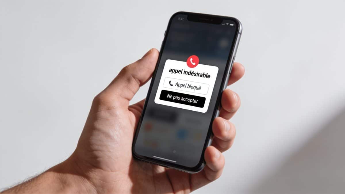 Main tenant smartphone affichant ecran blocage appel indésirable