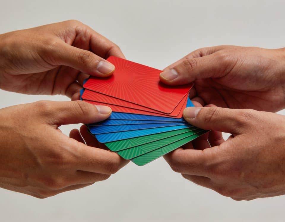 Plusieurs mains empilent des cartes cadeaux colorées