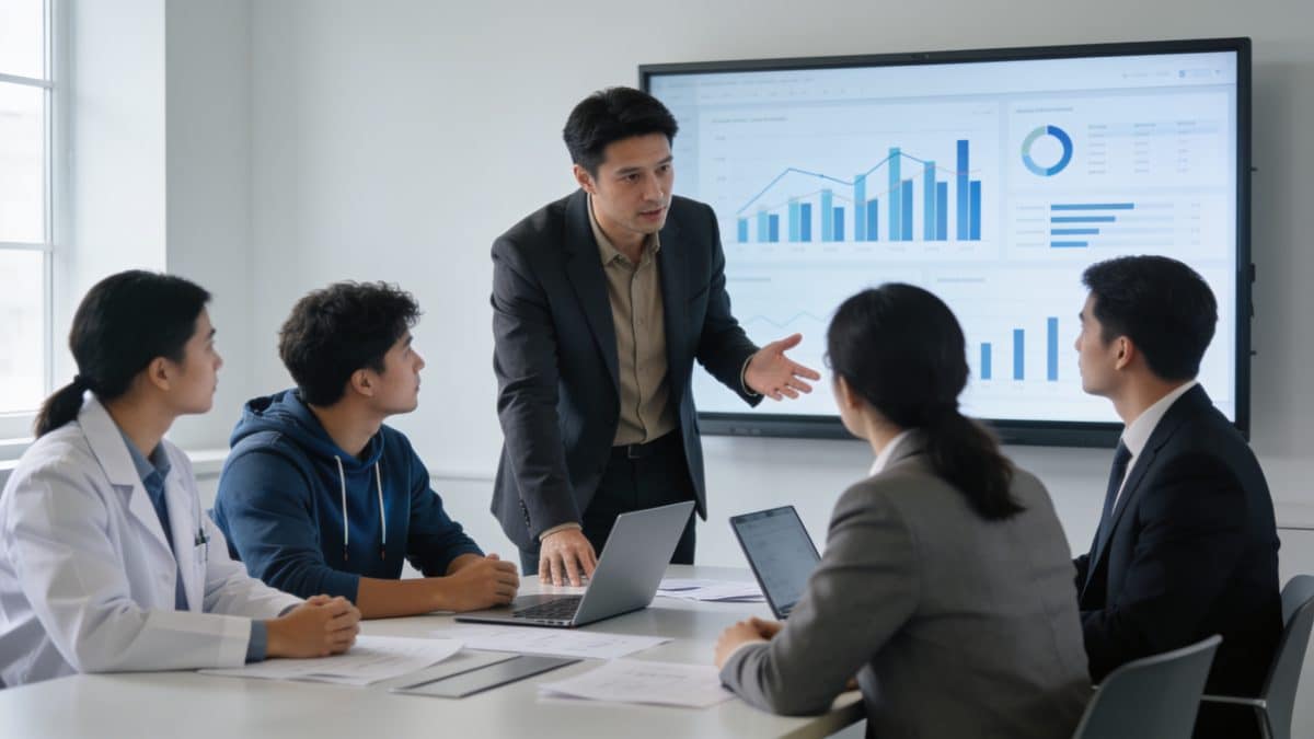 Manager analyse des donnees discutant avec equipe pluridisciplinaire