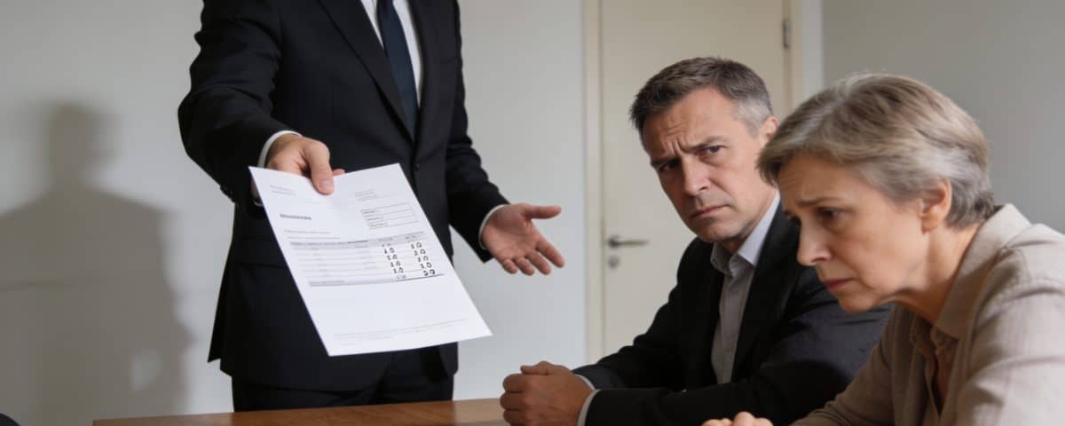 Notaire montrant facture salée a heritiers inquiets