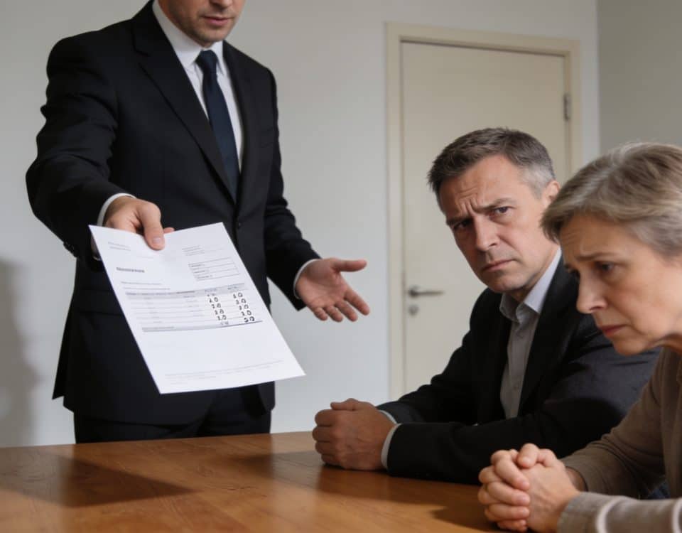 Notaire montrant facture salée a heritiers inquiets