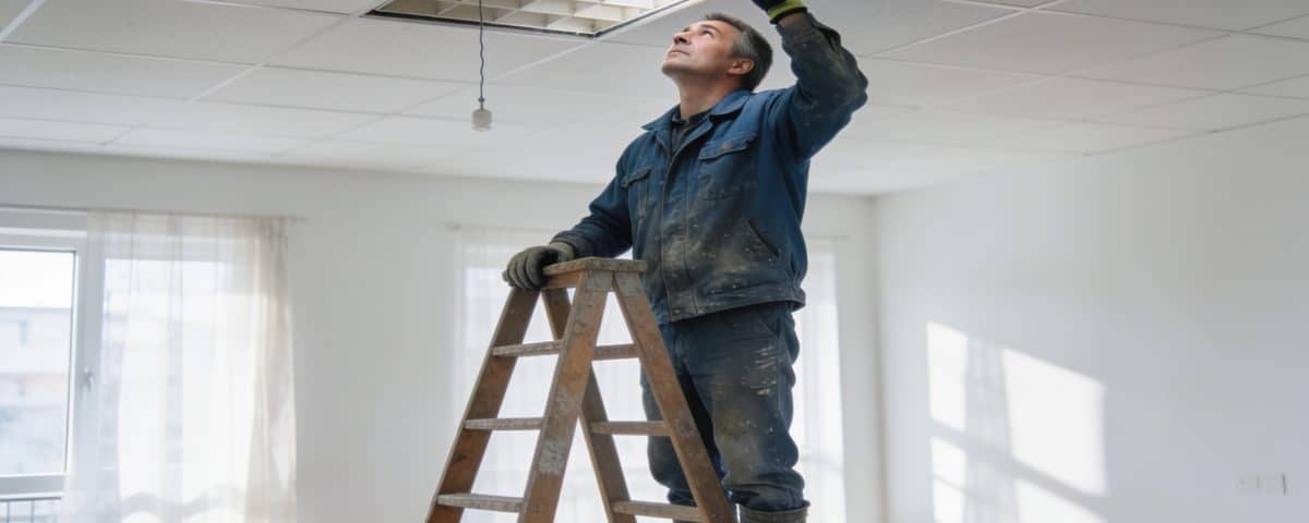 ouvrier inspectant plafond isole dans appartement lumineux