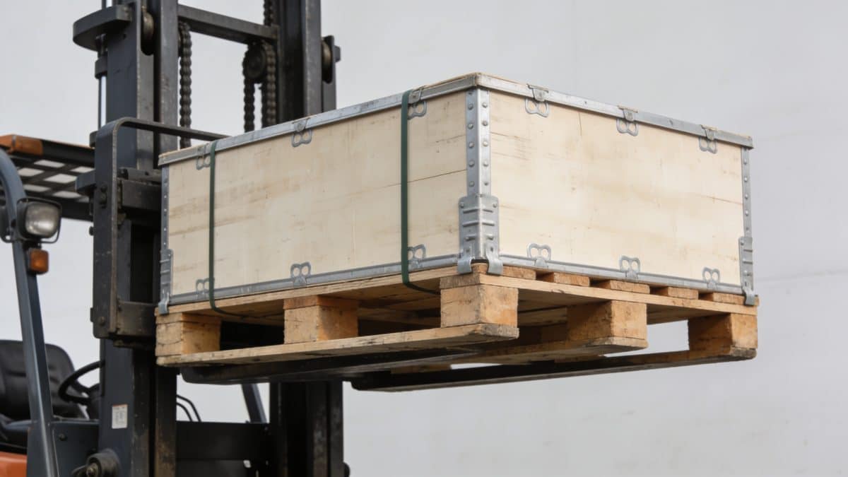 Palette Europe chargee soulevee par chariot elevateur
