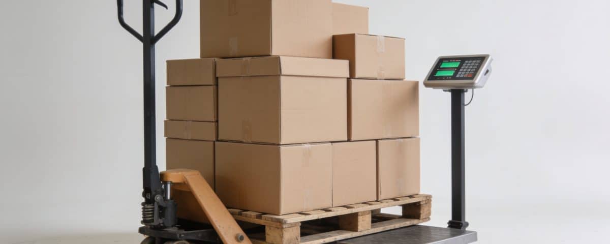 Palette europeenne chargee de cartons pesee sur balance