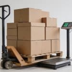 Palette europeenne chargee de cartons pesee sur balance