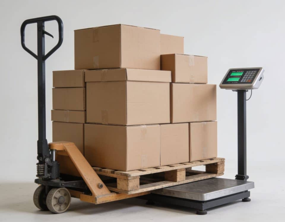Palette europeenne chargee de cartons pesee sur balance