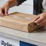 personne emballe un colis carton sur comptoir mondial relay