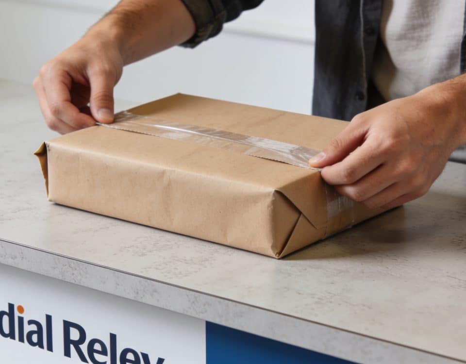 personne emballe un colis carton sur comptoir mondial relay