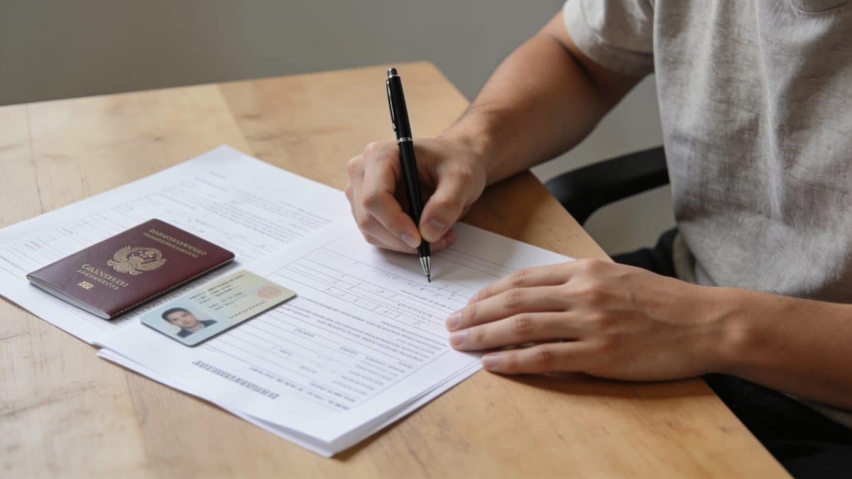 Personne remplissant formulaire administratif avec documents officiels