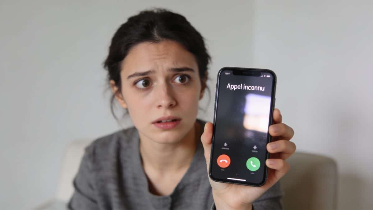 Personne inquiet regarde ecran smartphone affichant appel inconnu