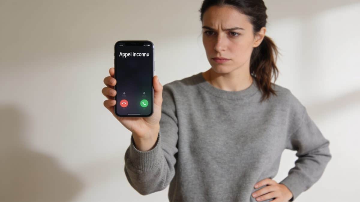 Personne mefiante regarde telephone affichant appel inconnu
