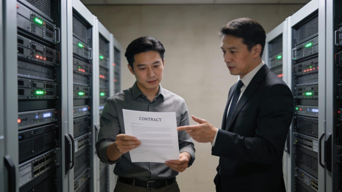 Responsable informatique discute contrat avec consultant devant serveurs