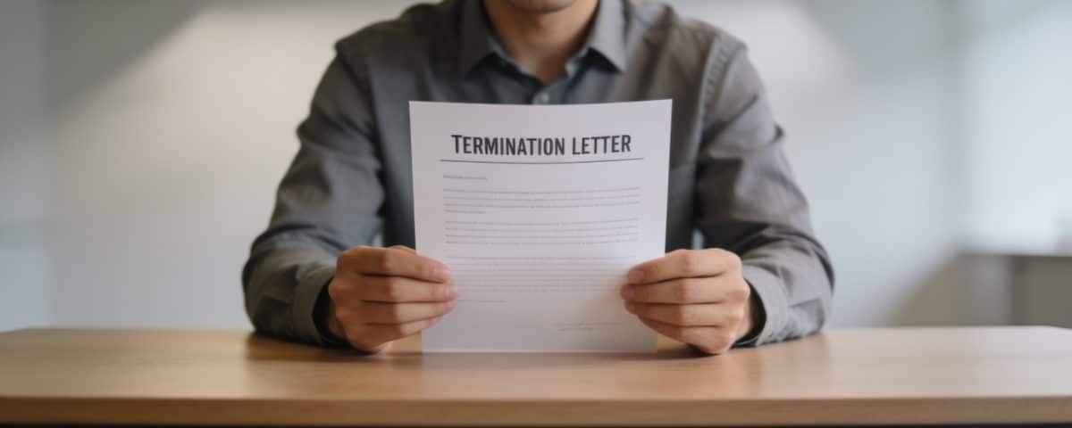 Salarié assis devant bureau vide tenant lettre de licenciement