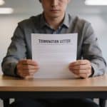 Salarié assis devant bureau vide tenant lettre de licenciement