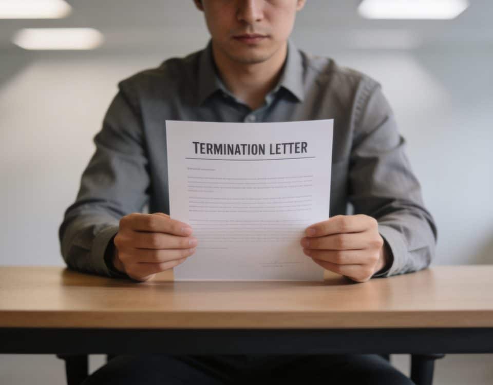 Salarié assis devant bureau vide tenant lettre de licenciement