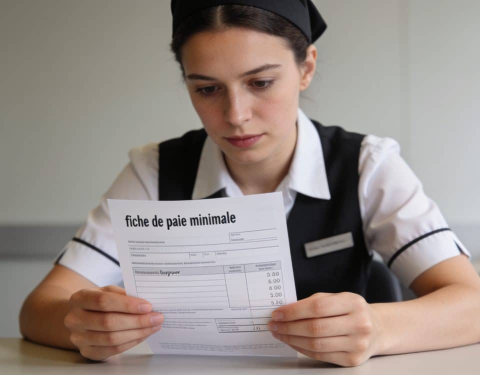 Serveuse luxembourgeoise verifiant fiche de paie minimale