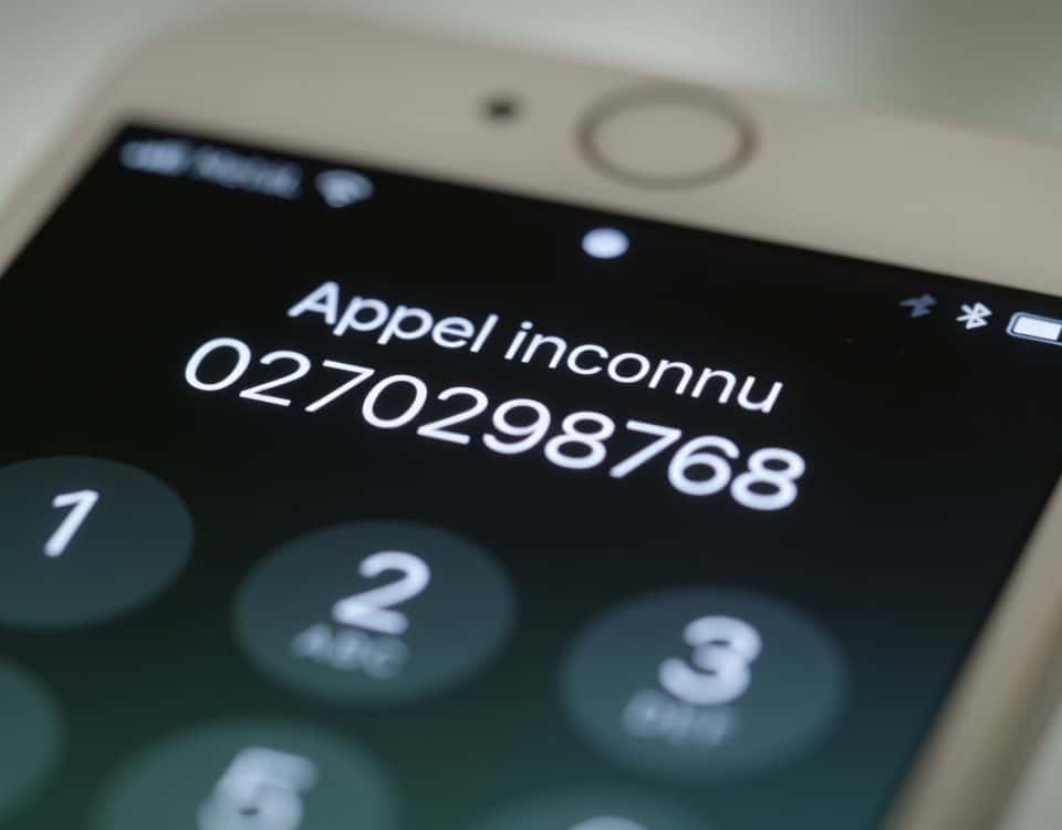 Smartphone affichant appel inconnu 0270298768 gros plan