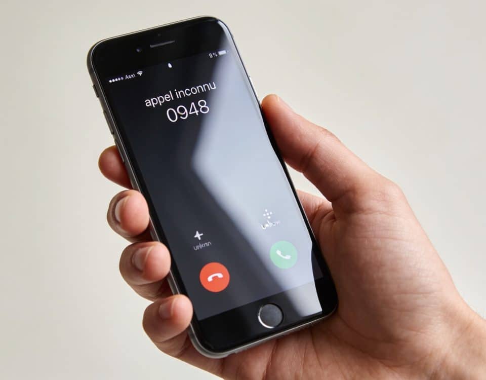 Smartphone en main affichant appel inconnu 0948