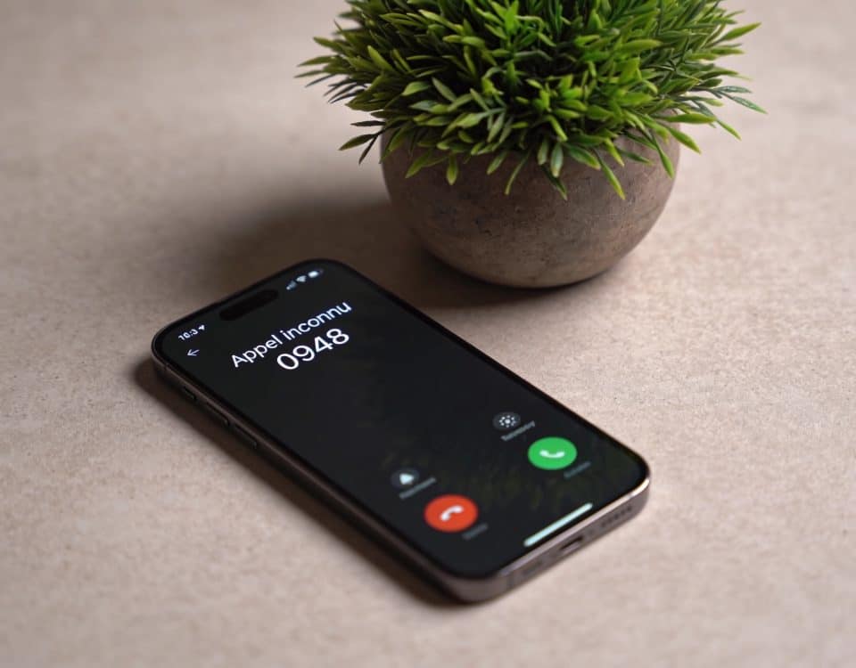 Smartphone montrant appel inconnu 0948 sur ecran