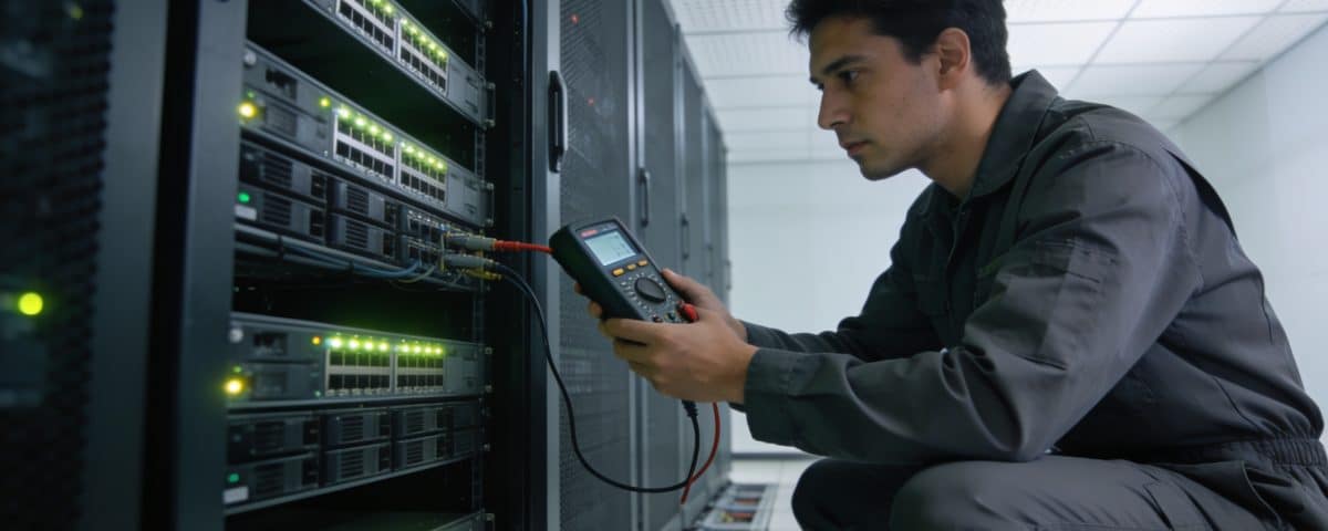 Technicien informatique externe verifiant serveurs dans salle reseaux