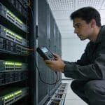 Technicien informatique externe verifiant serveurs dans salle reseaux