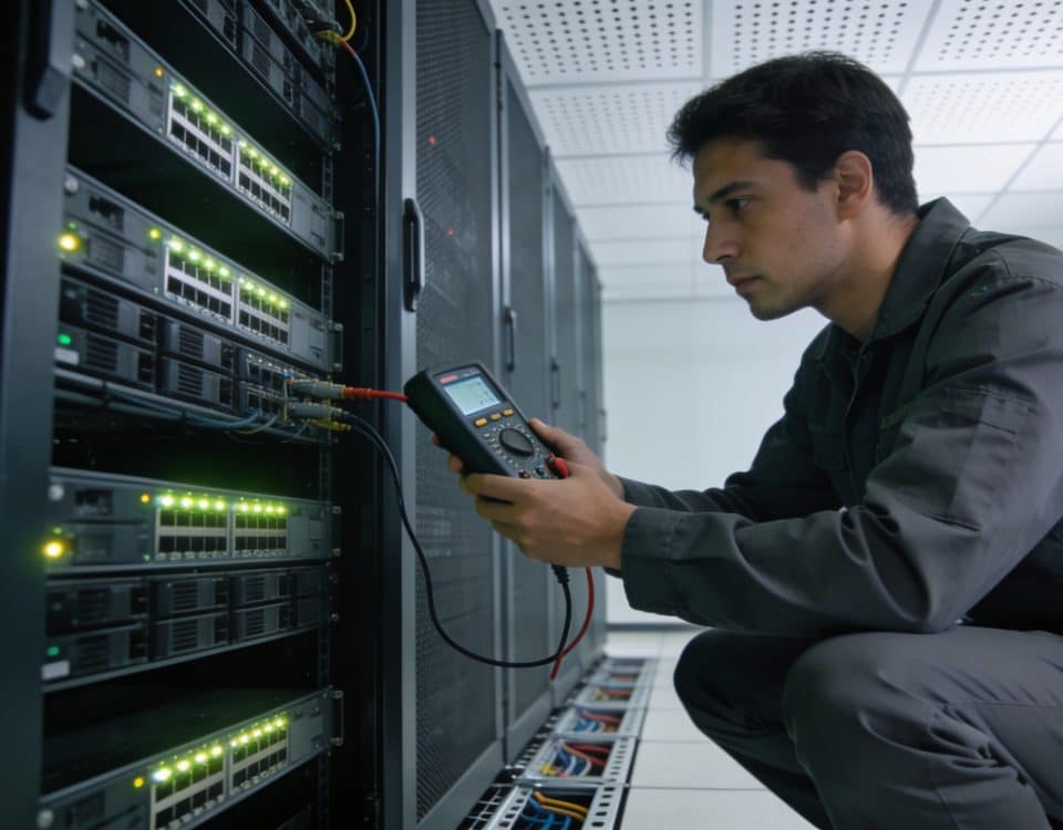 Technicien informatique externe verifiant serveurs dans salle reseaux